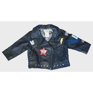 Baby Motorcycle Jacket 12 Month Bomber Black Faux Leather Moto Patches Blue Rock